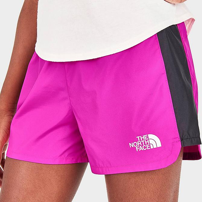On Model 5 view of Girls' The North Face Never Stop Run Training Shorts in Linaria Pink Click to zoom