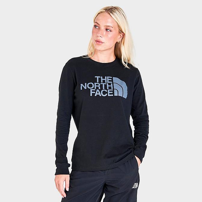 Front view of Women's The North Face NSE Camo Logo Long-Sleeve T-Shirt in Black Click to zoom