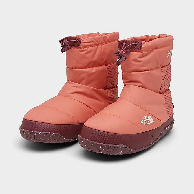 Three Quarter view of Women’s The North Face Nuptse Après Booties in Coral Sunrise/Wild Ginger Click to zoom