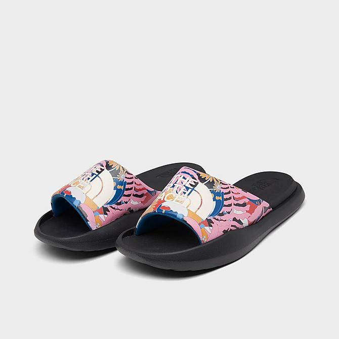 Three Quarter view of Women's The North Face Triarch International Women's Day Slide Sandals in TNF Black/Multi Click to zoom