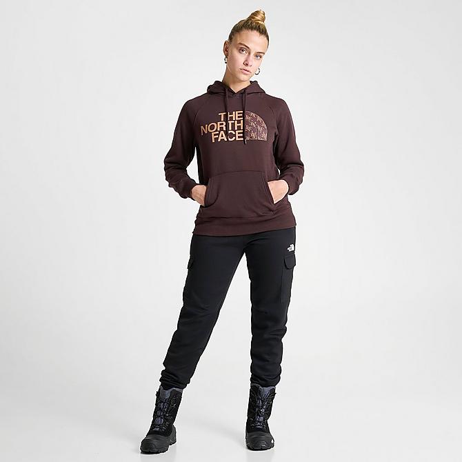 Front Three Quarter view of Women's The North Face Half Dome Pullover Hoodie in Coal Brown/Monogram Click to zoom