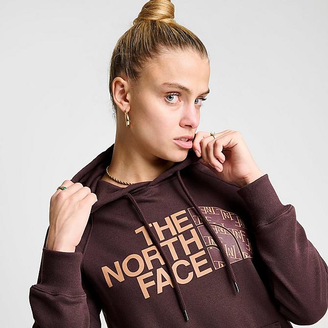 On Model 5 view of Women's The North Face Half Dome Pullover Hoodie in Coal Brown/Monogram Click to zoom