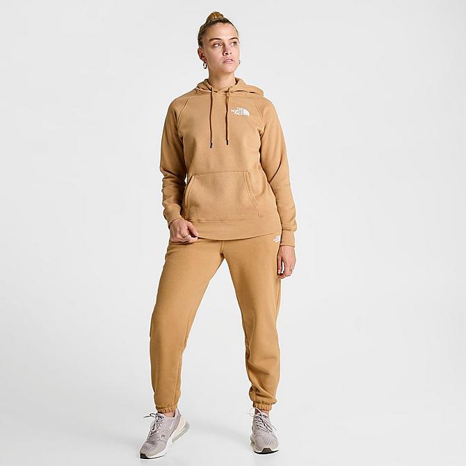 Front Three Quarter view of Women's The North Face Box NSE Pullover Hoodie in Almond Butter/All-Over Print Click to zoom