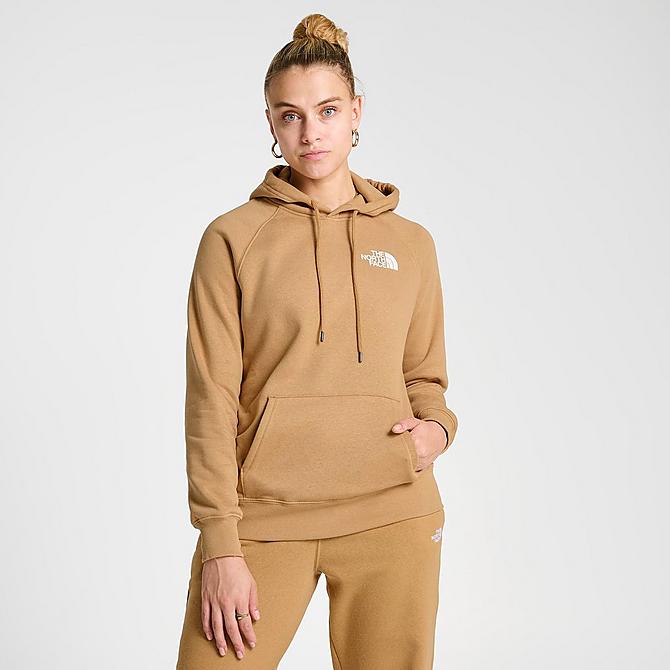 Back Left view of Women's The North Face Box NSE Pullover Hoodie in Almond Butter/All-Over Print Click to zoom