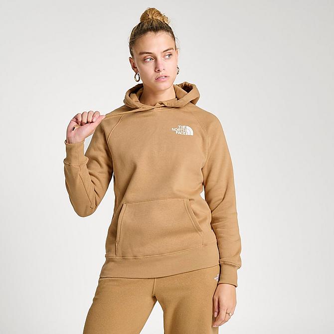 Back Right view of Women's The North Face Box NSE Pullover Hoodie in Almond Butter/All-Over Print Click to zoom