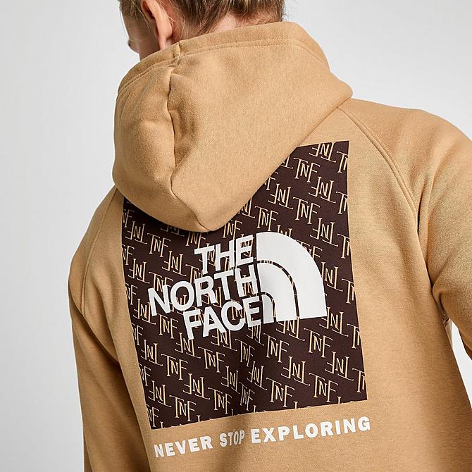 On Model 5 view of Women's The North Face Box NSE Pullover Hoodie in Almond Butter/All-Over Print Click to zoom