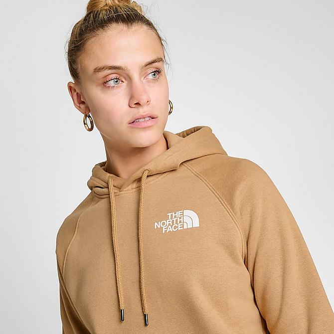 On Model 6 view of Women's The North Face Box NSE Pullover Hoodie in Almond Butter/All-Over Print Click to zoom