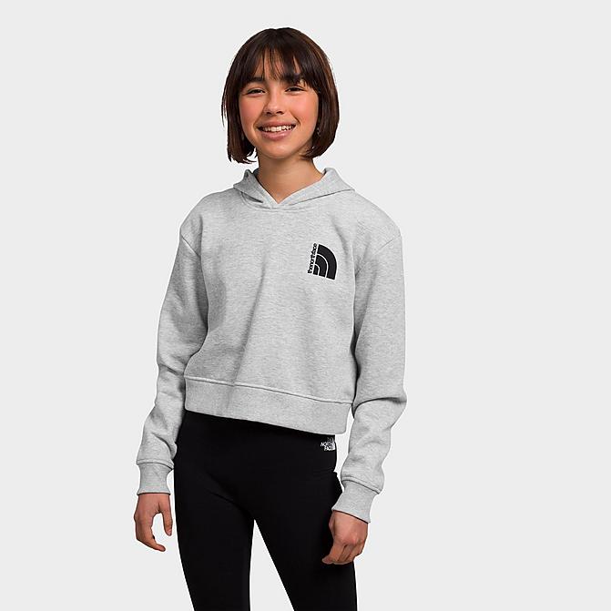 Front view of Girls' The North Face Camp Fleece Pullover Hoodie in TNF Light Grey Heather/TNF Black Click to zoom