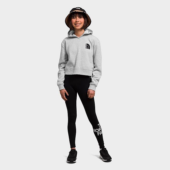 Back Left view of Girls' The North Face Camp Fleece Pullover Hoodie in TNF Light Grey Heather/TNF Black Click to zoom