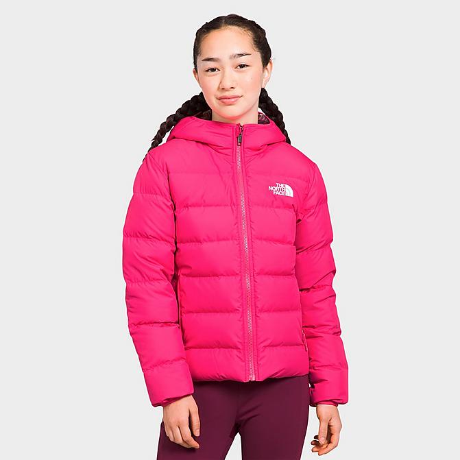 Front view of Girls' The North Face Printed Reversible North Down Jacket in Pink Click to zoom