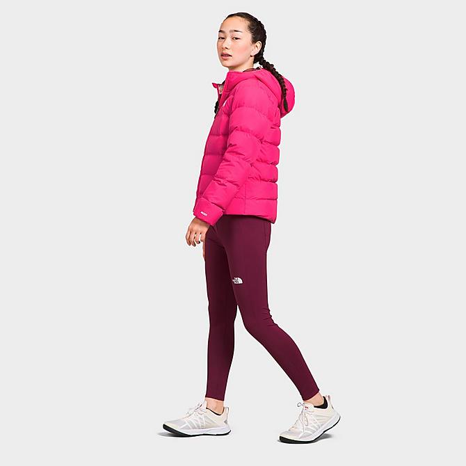Front Three Quarter view of Girls' The North Face Printed Reversible North Down Jacket in Pink Click to zoom