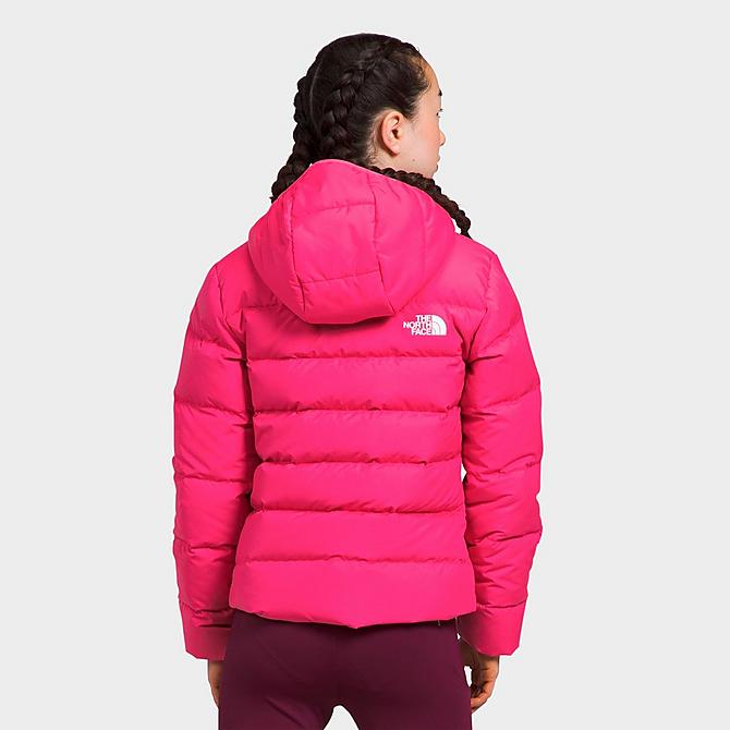 Back Left view of Girls' The North Face Printed Reversible North Down Jacket in Pink Click to zoom