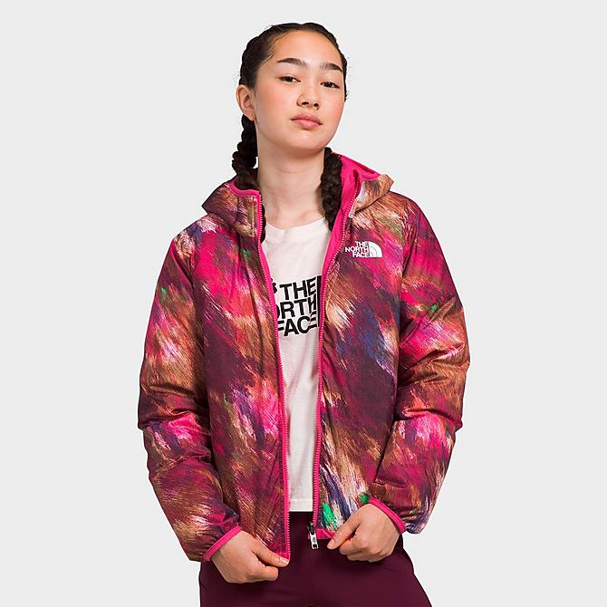 Back Right view of Girls' The North Face Printed Reversible North Down Jacket in Pink Click to zoom