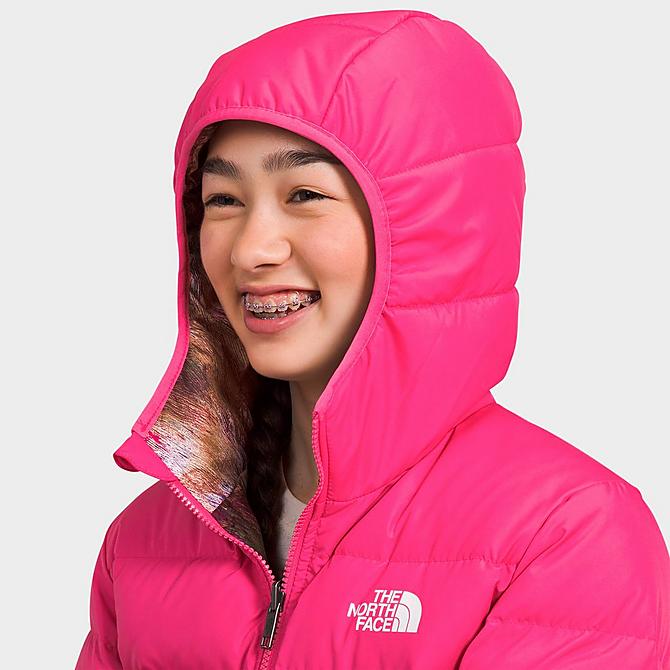 On Model 5 view of Girls' The North Face Printed Reversible North Down Jacket in Pink Click to zoom