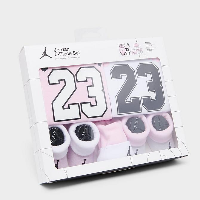 Three Quarter view of Infant Jordan Jersey 5-Piece Box Set in Pink/White Click to zoom