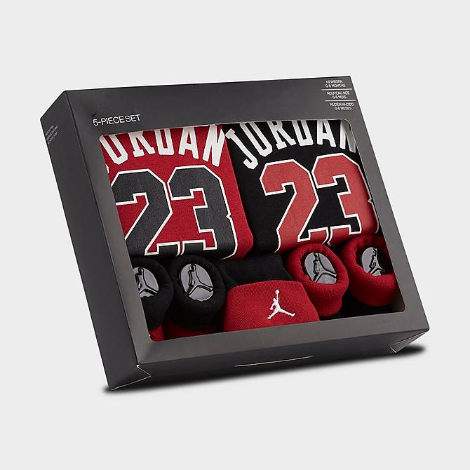 Three Quarter view of Infant Jordan Jersey 5-Piece Box Set in Black/Red Click to zoom