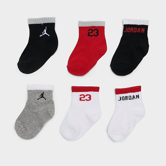 Front view of Infant Jordan Ankle Gripper Socks (6-Pack) in Grey/Black/Red/White Click to zoom