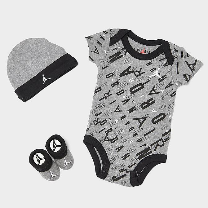 Right view of Boys' Infant Jordan HBR Allover Print Bodysuit, Hat and Booties Set (3-Piece) in Grey Heather/Black Click to zoom