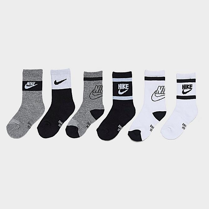Front view of Kids' Toddler Nike Retro Crew Socks (6-Pack) in Grey/White/Black Click to zoom