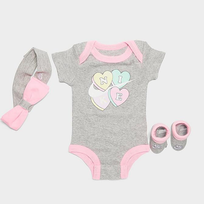 [angle] view of Girls' Infant Nike Swoosh Love Gift Box Set (3-Piece) in Grey/Arctic Punch Click to zoom