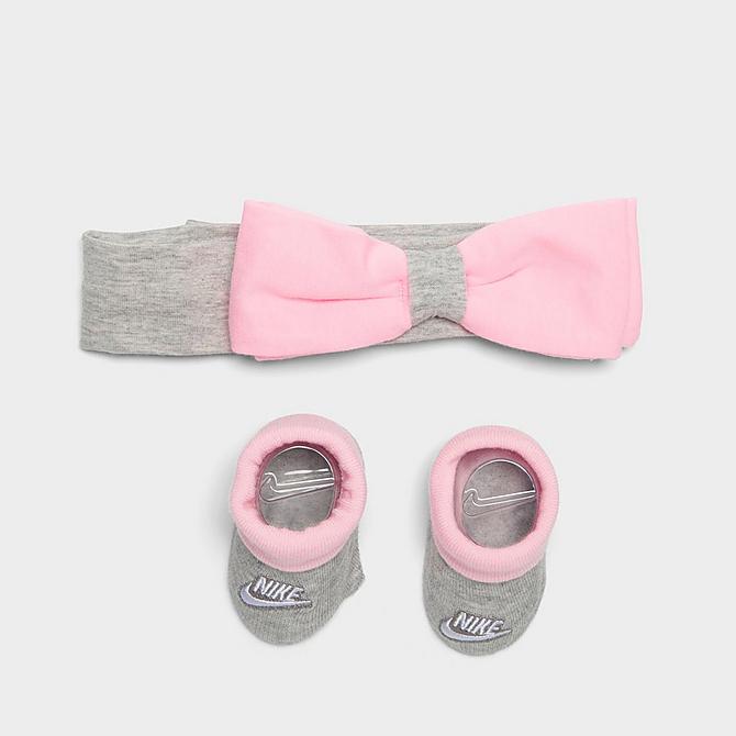 [angle] view of Girls' Infant Nike Swoosh Love Gift Box Set (3-Piece) in Grey/Arctic Punch Click to zoom