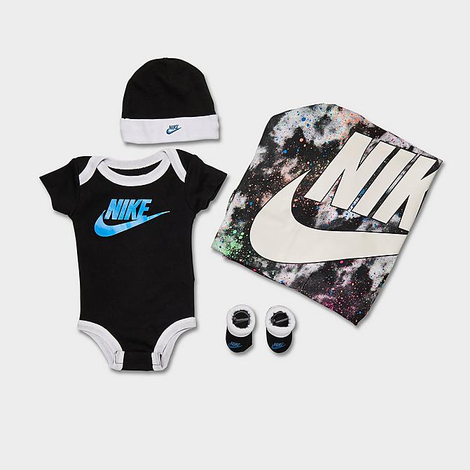 Right view of Infant Nike Tie-Dye Futura Bodysuit, Hat, Booties and Blanket Box Set (4-Piece) in Black Click to zoom