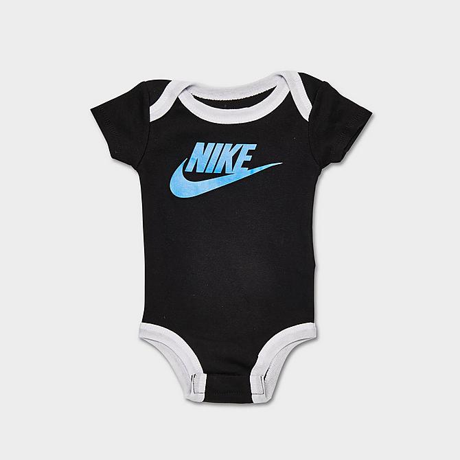 Three Quarter view of Infant Nike Tie-Dye Futura Bodysuit, Hat, Booties and Blanket Box Set (4-Piece) in Black Click to zoom