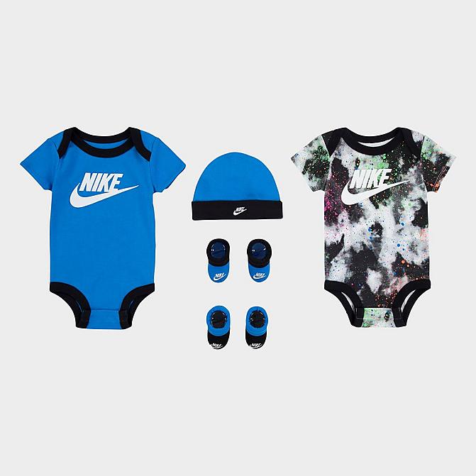 Right view of Infant Nike 5-Piece Bodysuit, Booties and Hat Tie-Dye Box Set in Photo Blue Click to zoom