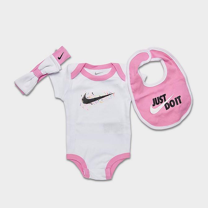 Right view of Girls' Infant Nike Swoosh Pop Bodysuit, Bib and Headband Gift Box Set (3-Piece) in White/Pink/Black Click to zoom