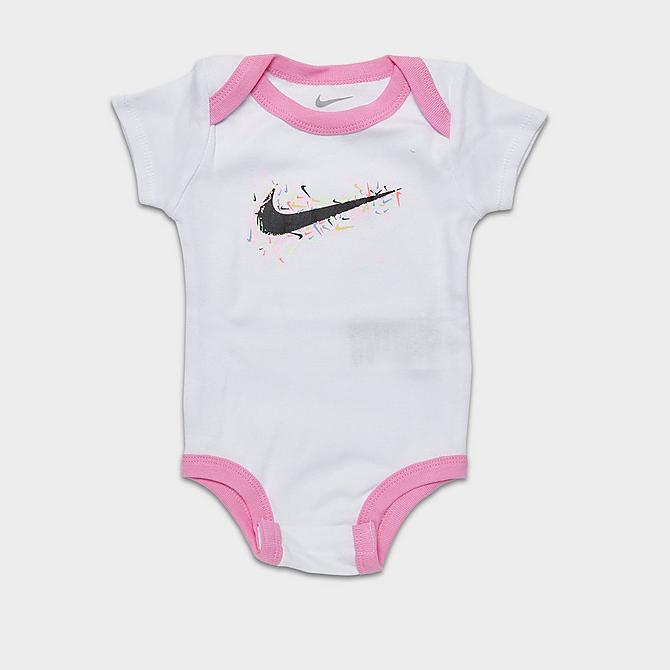 Three Quarter view of Girls' Infant Nike Swoosh Pop Bodysuit, Bib and Headband Gift Box Set (3-Piece) in White/Pink/Black Click to zoom
