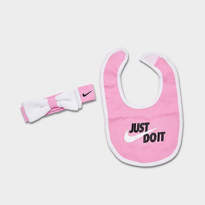 Front view of Girls' Infant Nike Swoosh Pop Bodysuit, Bib and Headband Gift Box Set (3-Piece) in White/Pink/Black Click to zoom