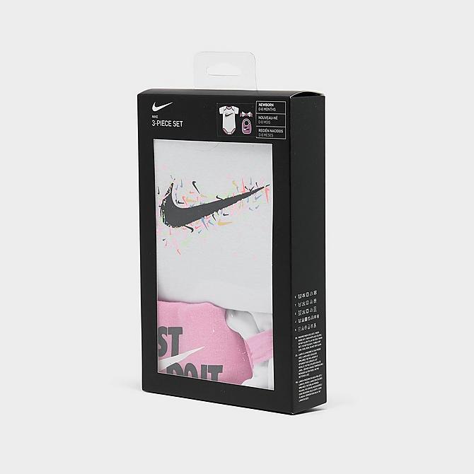 Bottom view of Girls' Infant Nike Swoosh Pop Bodysuit, Bib and Headband Gift Box Set (3-Piece) in White/Pink/Black Click to zoom