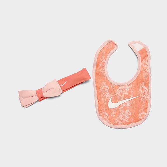 Front view of Infant Nike Lil Peach Bodysuit, Headband and Bib Box Set (3-Piece) in Atmosphere Click to zoom