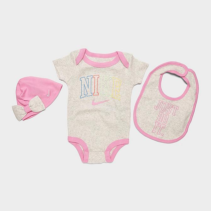Right view of Girls' Infant Nike Retro Rewind Bodysuit, Bib and Cap Gift Box Set (3-Piece) in Pale Ivory Heather/Pink Click to zoom