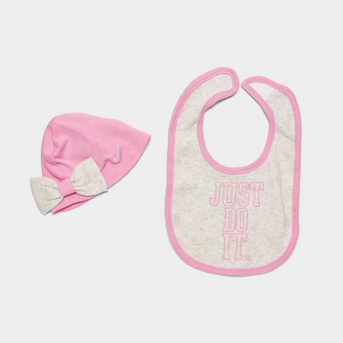 Front view of Girls' Infant Nike Retro Rewind Bodysuit, Bib and Cap Gift Box Set (3-Piece) in Pale Ivory Heather/Pink Click to zoom