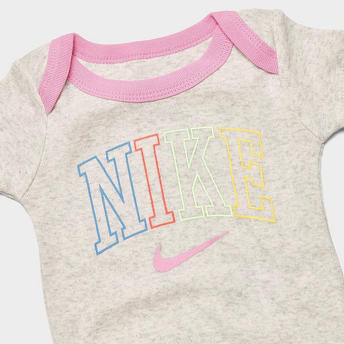 Back view of Girls' Infant Nike Retro Rewind Bodysuit, Bib and Cap Gift Box Set (3-Piece) in Pale Ivory Heather/Pink Click to zoom