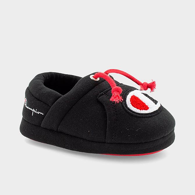 Three Quarter view of Boys' Toddler Champion University II Slippers in Black/Red Click to zoom