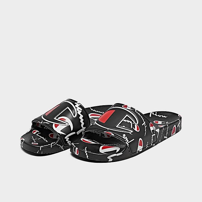 Three Quarter view of Big Kids' Champion IPO Warped Slide Sandals in Black/Red/White Click to zoom