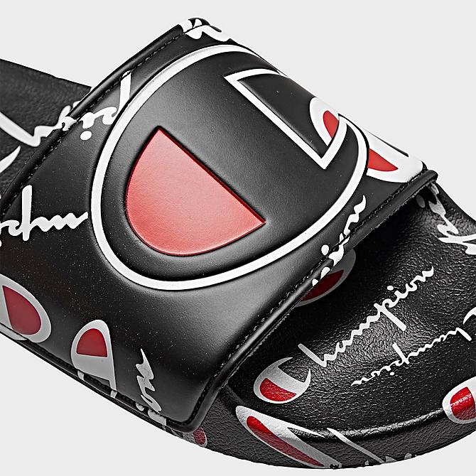 Front view of Big Kids' Champion IPO Warped Slide Sandals in Black/Red/White Click to zoom