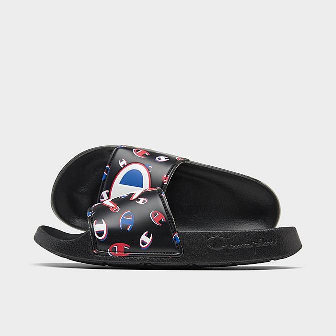 Right view of Little Kids' Champion IPO 3Peat Slide Sandals in Black/Multi Click to zoom