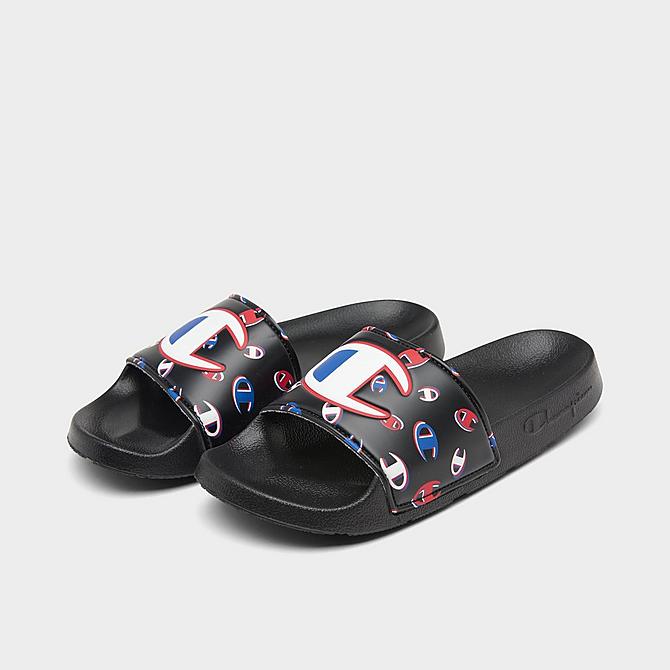 Three Quarter view of Little Kids' Champion IPO 3Peat Slide Sandals in Black/Multi Click to zoom