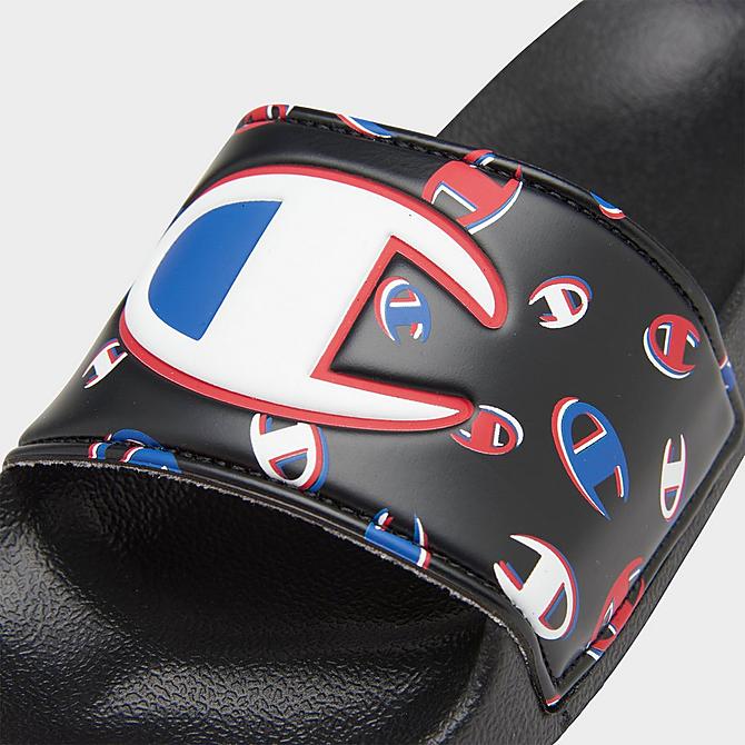Front view of Little Kids' Champion IPO 3Peat Slide Sandals in Black/Multi Click to zoom