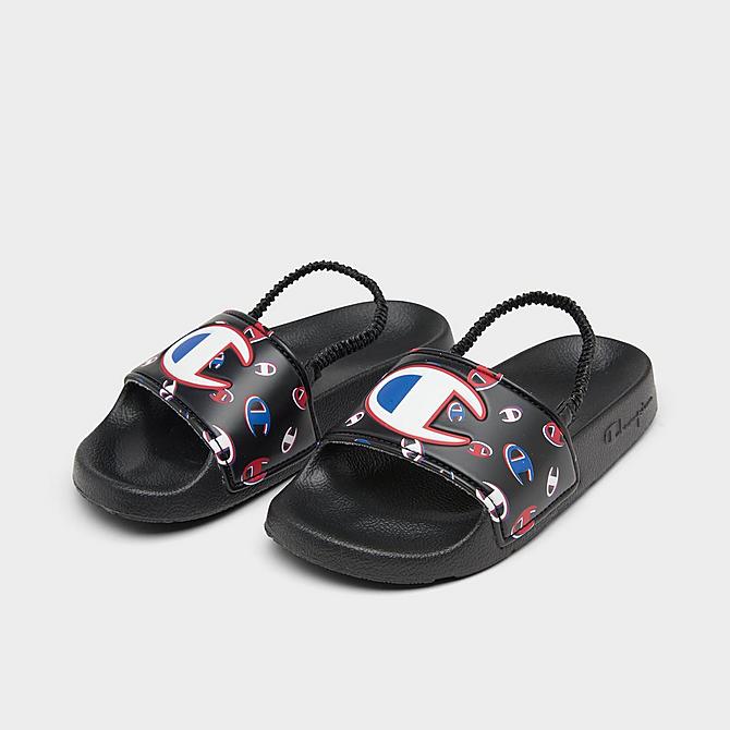 Three Quarter view of Kids' Toddler Champion IPO 3Peat Slide Sandals in Black/Multi Click to zoom