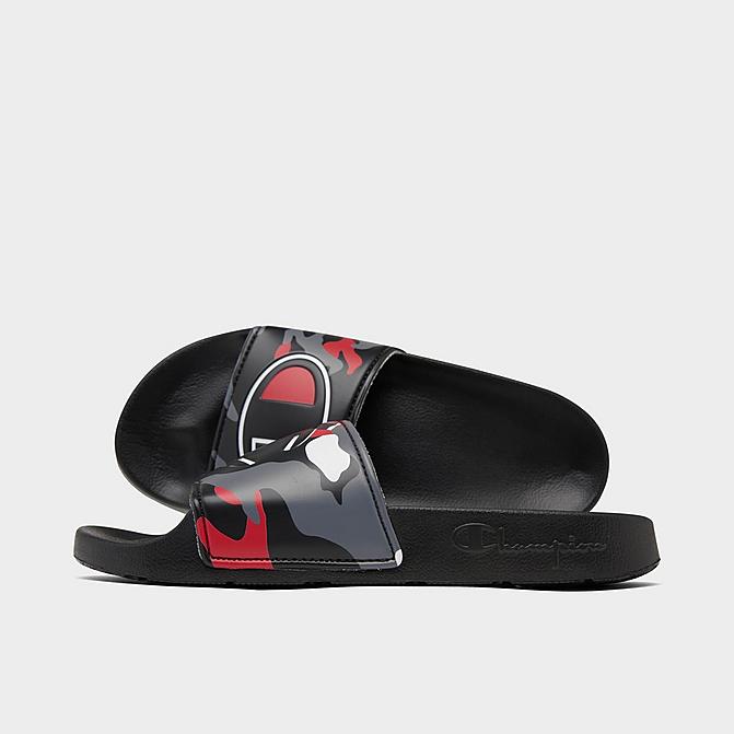 Right view of Little Kids' Champion IPO Camo Slide Sandals in Black/Grey/Red/White Click to zoom