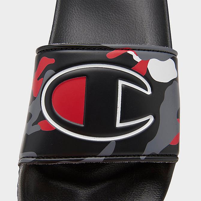 Front view of Little Kids' Champion IPO Camo Slide Sandals in Black/Grey/Red/White Click to zoom