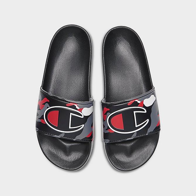 Back view of Little Kids' Champion IPO Camo Slide Sandals in Black/Grey/Red/White Click to zoom