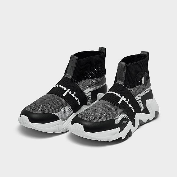 Three Quarter view of Little Kids' Champion Hyper Future Hi Casual Shoes in Black/Grey Click to zoom