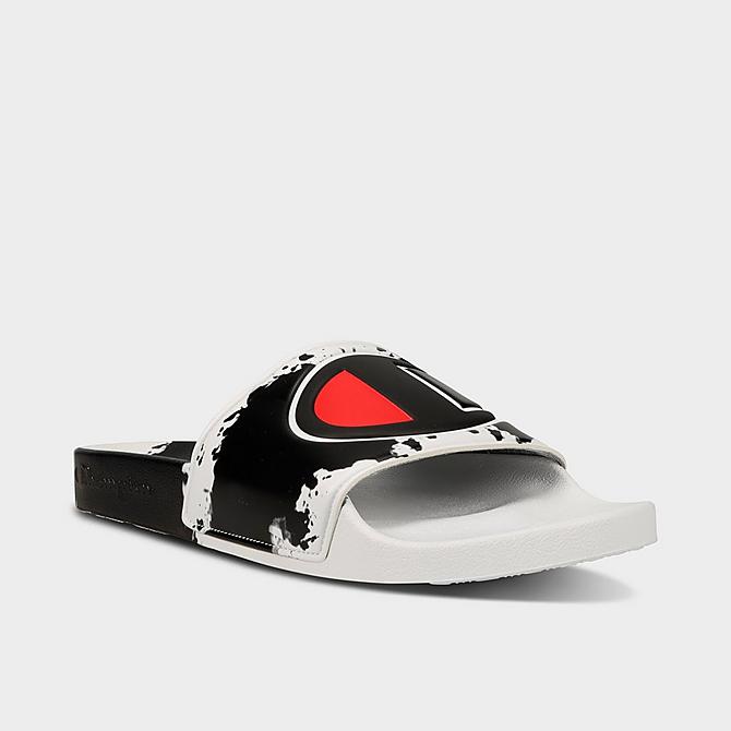 Three Quarter view of Little Kids' Champion IPO Surf and Turf Slide Sandals in Black/White Click to zoom