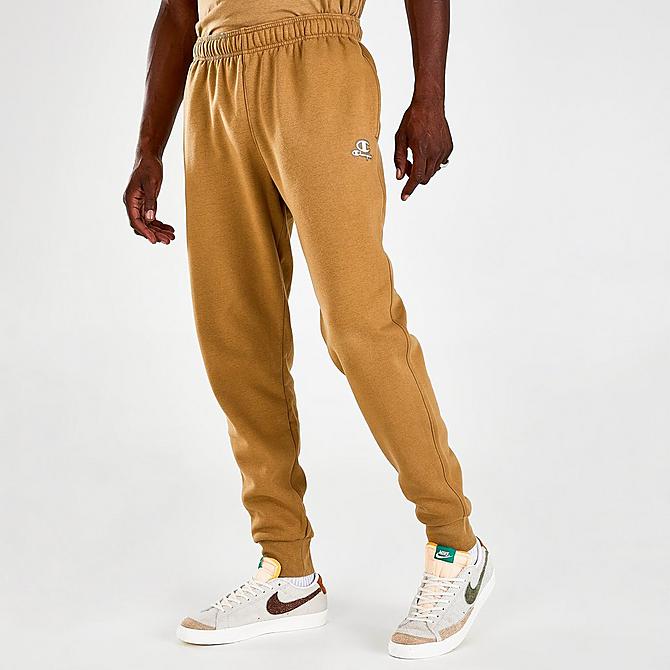 Front Three Quarter view of Men's Champion Classic Fleece Jogger Pants in Khaki Click to zoom