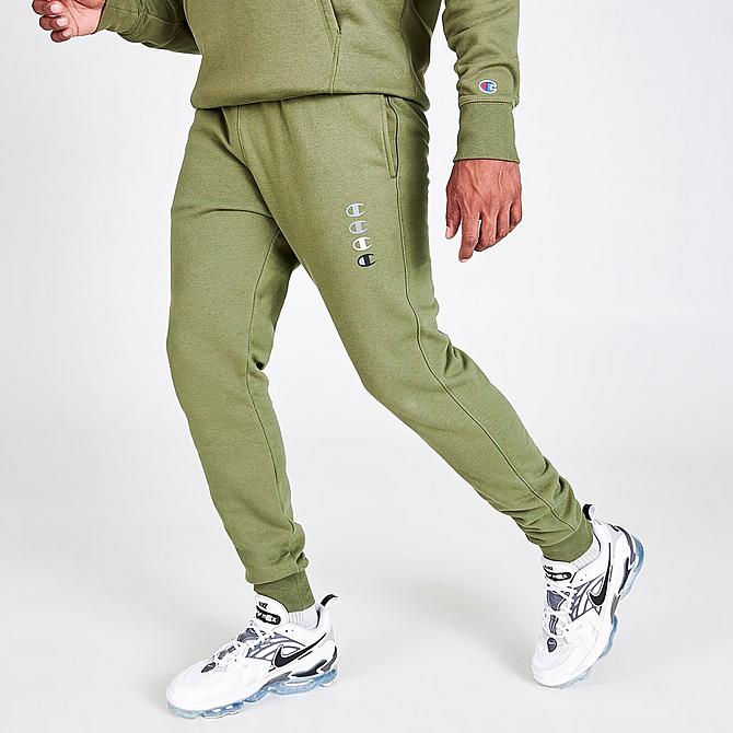 Front Three Quarter view of Men's Champion Triple Logo Jogger Pants in Cargo Olive Click to zoom